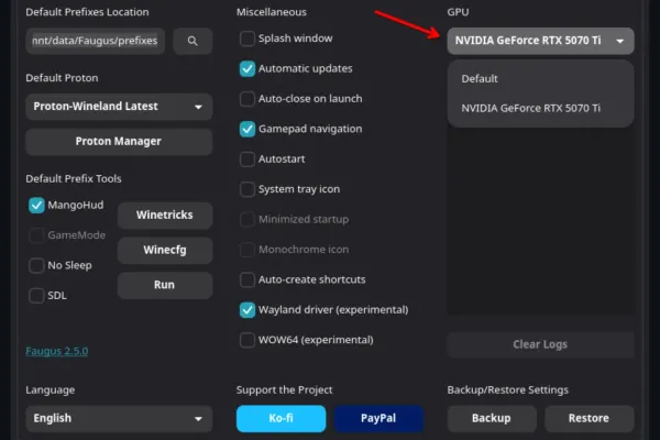 Faugus Launcher 2.5.1 Adds GPU Selection, Drops Proton-EM and UMU-Proton
